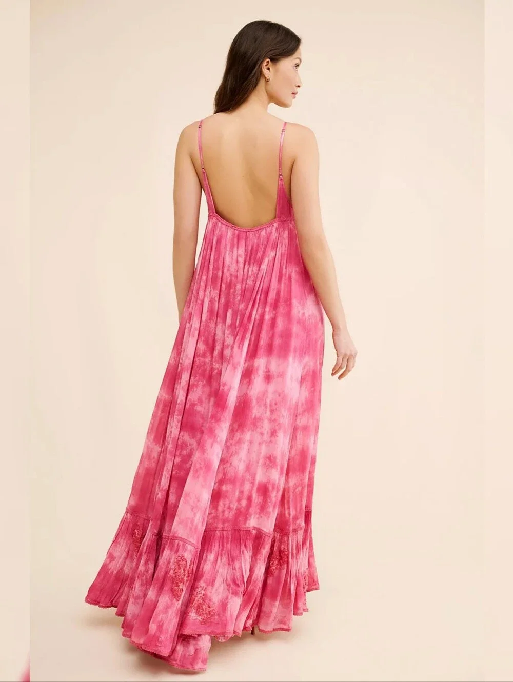 Free People Forever Fuschia Pink Tie-Dye‎ Lace Trim Maxi Dress Women's
